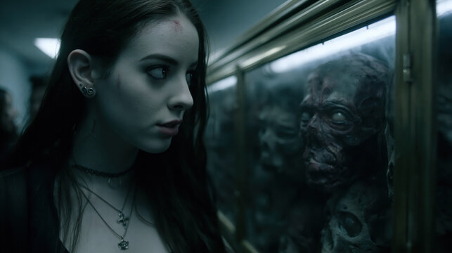 Woman train window zombie horror nightmare grave chaos dark reflection, woman facing zombie behind train window in dark horror scene, eerie nightmare mood with pale skin and fearful expression