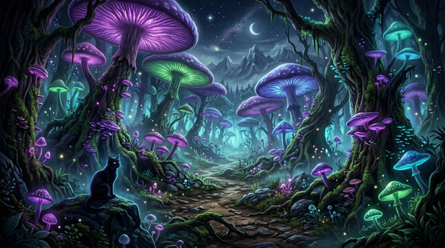 Fantasy bioluminescent mushroom forest at night with cat, mushroom