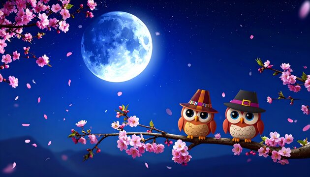 Magical Night with Owls and Blossom Under the Moonlight