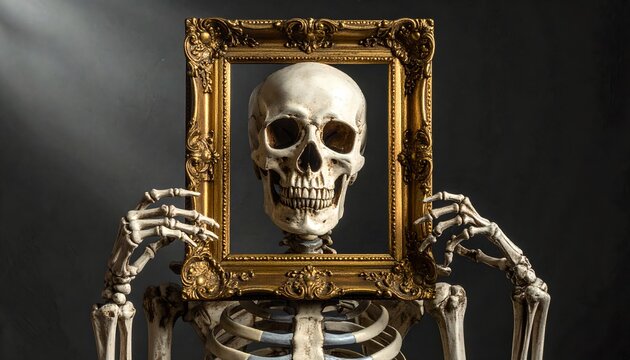 Skeleton Holding Ornate Frame Around Its