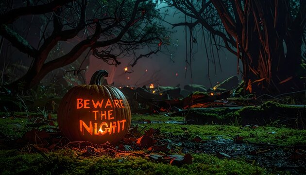 Eerie Pumpkin Illuminated Haunted Forest Night
