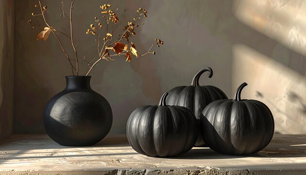 Matte Black Vase with Dried Branches and Halloween Pumpkins