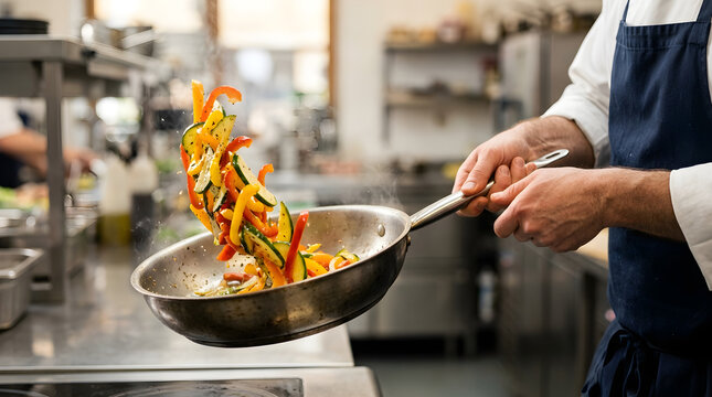 Chef tosses sliced colorful bell peppers in a stainless steel frying pan within a professional restaurant kitchen setting.
