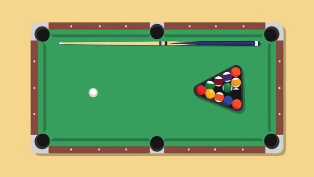 Top Down View of a Green Billiards Pool Table with Colored Balls Arranged in a Triangle Rack and a Cue Stick Ready for a Recreational Game