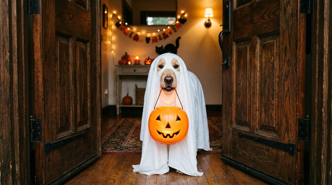 Cute dog dressed as ghost holding halloween pumpkin treat bucket