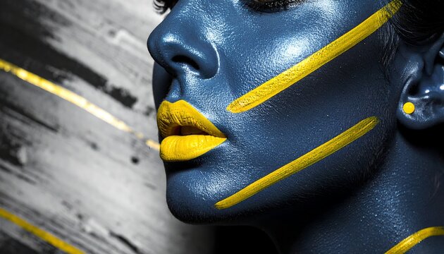Vivid Blue Facial Art with Yellow Accents and Wooden Background