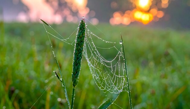 Dewkissed Web Draped Grass Sunrise