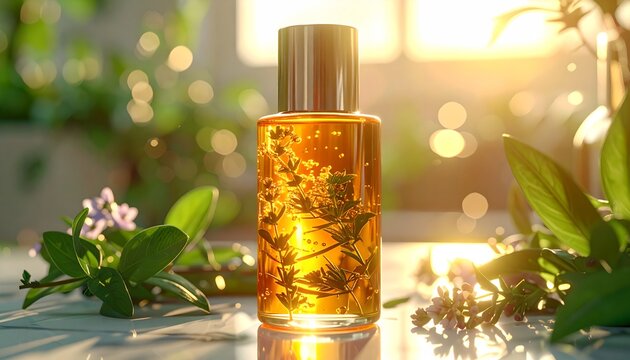Sunlit Bottled Herbs with Greenery and Floral Accents