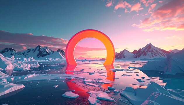 Glowing Circular Structure Icy Sunrise Landscape