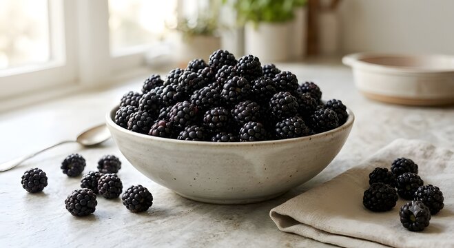 A rustic ceramic bowl overflowing with fresh, plump blackberries sitting gracefully on a bright kitchen counter.
