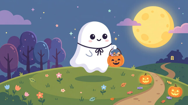 Cute cartoon ghost trick or treating with pumpkin bucket under full moon