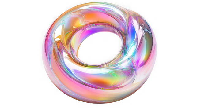 Iridescent holographic torus ring shape with vibrant rainbow light on transparent background