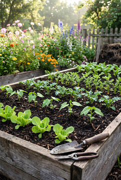 A garden vegetable bed with rows of young plants in soft morning light