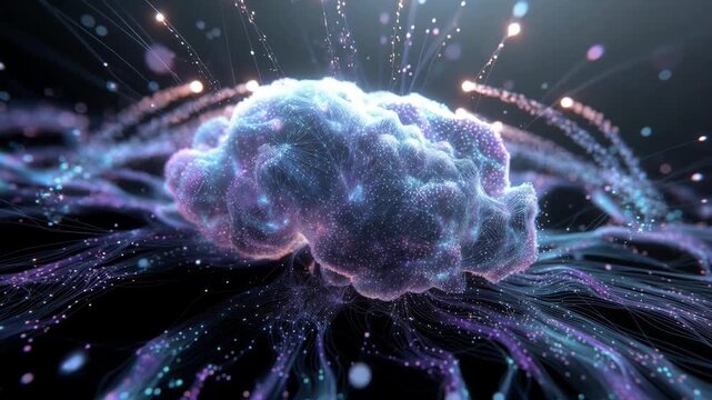 Abstract glowing brain made of luminous particles on dark background, symbolizing digital intelligence and neural complexity