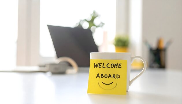 A yellow sticky note with Welcome Aboard text attached to a white coffee mug on an office desk.