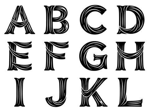 Vintage woodcut alphabet letters A to L, ornate engraved serif font set, decorative black and white typography for classic branding
