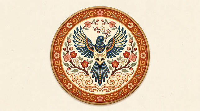 Korean minhwa magpie medallion &mdash; plum blossom folk emblem