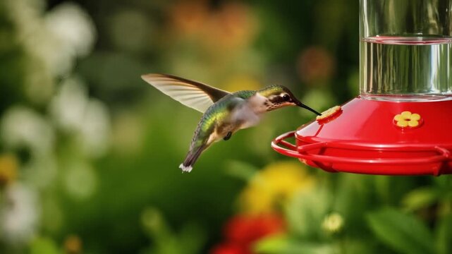 Hummingbird hovering near red feeder in a vibrant garden  