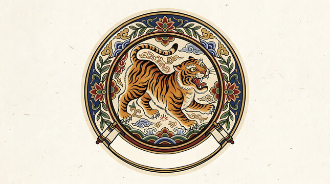 Korean folk tiger emblem, minhwa label with banner space