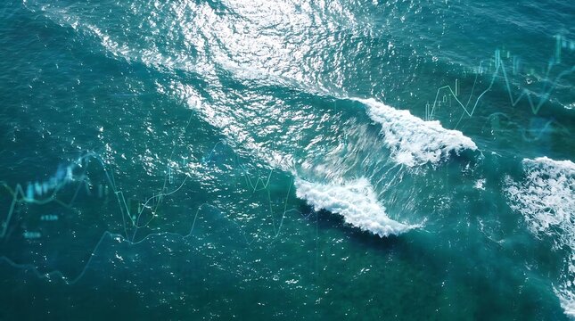 Abstract ocean waves with financial data overlay showing economic trends and blue economy metrics