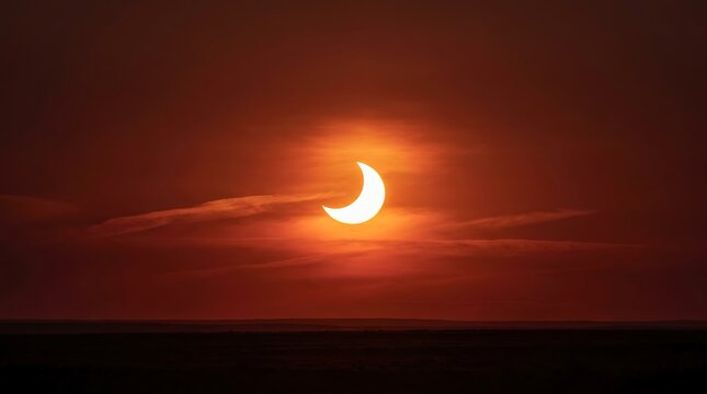 Stunning solar eclipse with the moon partially covering the sun against a fiery orange sunset sky