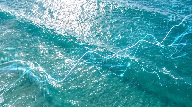 Abstract wave patterns and futuristic digital lines representing data flow and interconnectedness on the ocean's surface