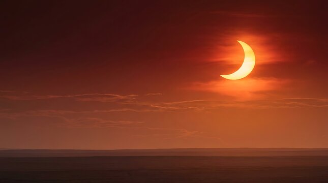 Stunning partial solar eclipse glowing in the twilight sky over a tranquil ocean horizon