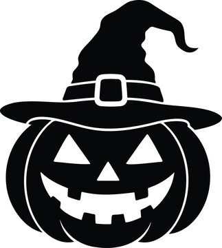 Black Halloween pumpkin jack o lantern with witch hat and carved face.