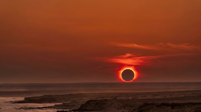 Total solar eclipse over the ocean horizon at sunset in a red dramatic sky