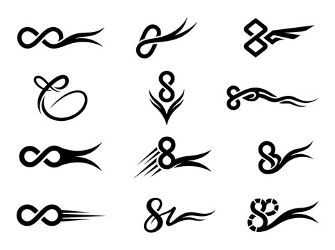 Tribal infinity symbol collection, black minimalist tattoo icons, 12 decorative loop graphics for branding and body art