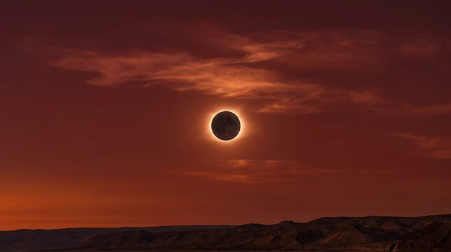 Total solar eclipse with brilliant corona over desert horizon under crimson sunset sky