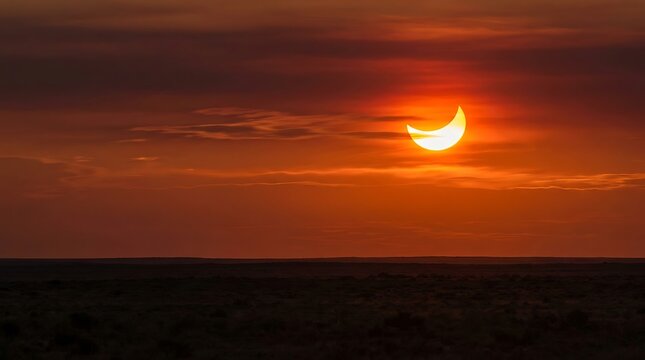 Stunning Solar Eclipse Over the Horizon at Sunset Creating a Beautiful Golden Orange Sky Atmosphere