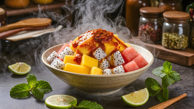 Spicy Indonesian Fruit Salad Rujak Buah with Mango Dragonfruit Watermelon and Peanut Sauce Served Cold with Smoke Effect
