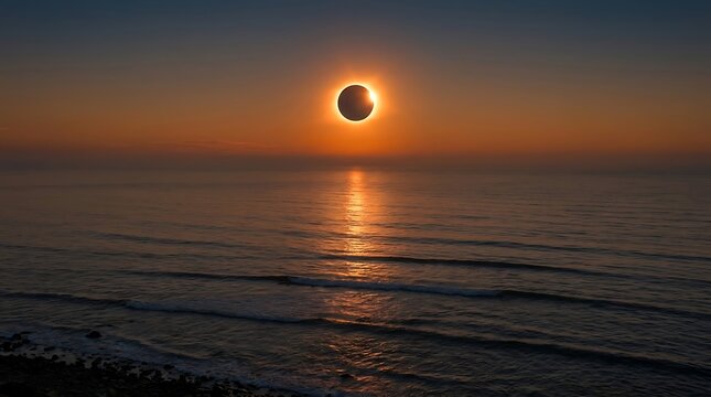 Spectacular Total Solar Eclipse Over the Calm Ocean Horizon at Sunset with Golden Reflection