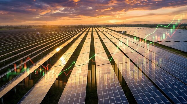 Solar panel farm at sunset with rising financial stock market graph and business growth concept