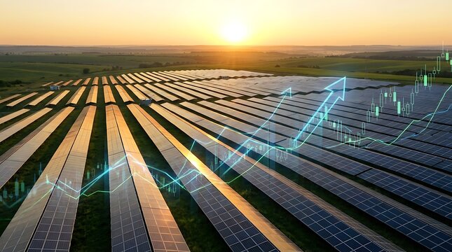 Renewable Energy Solar Farm with Rising Financial Chart Overlay Symbolizing Sustainable Investment Growth