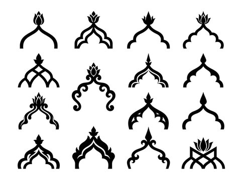 Thai traditional ornament set, 16 black floral arch icons, decorative oriental border elements for luxury branding and invitation design