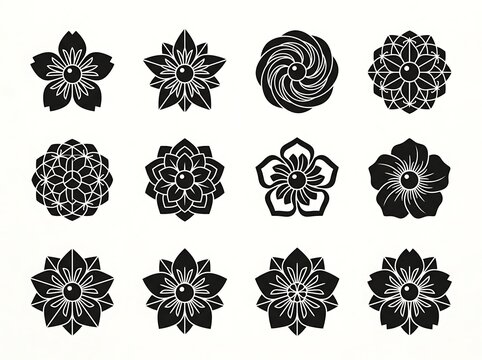 Japanese floral crests set, 12 black cherry blossom icons. Traditional oriental flower mon symbols for branding and pattern design.