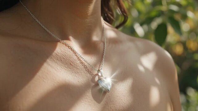 Close Up of Ornate Silver Heart Locket Pendant Necklace Glistening in Dappled Sunbeams