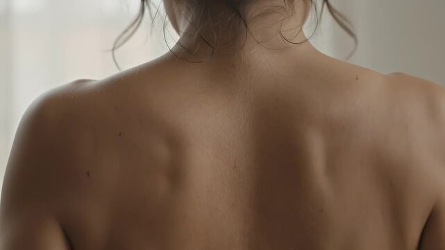 Rear View of Woman Bare Back and Shoulder Blades Flexing Gently with Breathing
