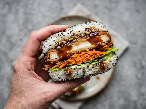 Hand holding a delicious crispy chicken sushi burger with sesame rice buns asian fusion fast food
