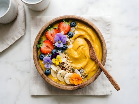 Healthy yellow smoothie bowl topped with fresh strawberries blueberries granola edible flowers