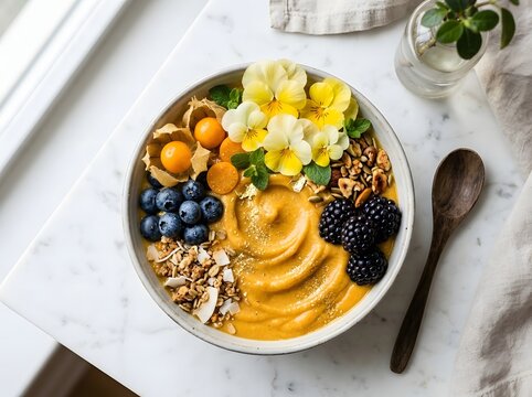Delicious yellow smoothie bowl garnished with blackberries blueberries granola yellow pansies