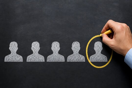Hand circling a chalk-drawn candidate on a blackboard among other figures