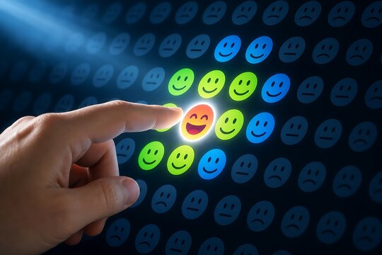 Human finger touching glowing happy smiley face icon on digital interface