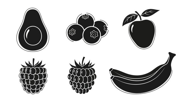 Set of black and white fruit icons on a plain background with collection six fruit illustration raspberry avocado berries graphic healthy with banana