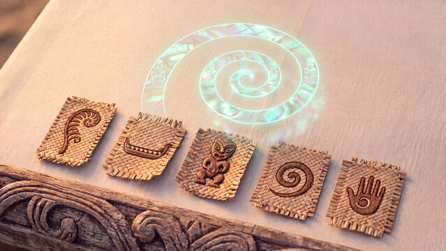 Ancestral weaving and lineage concept, holographic spirit figures emerging from woven mats, indigenous cultural memory, traditional textile symbols, ethnic kinship visualization