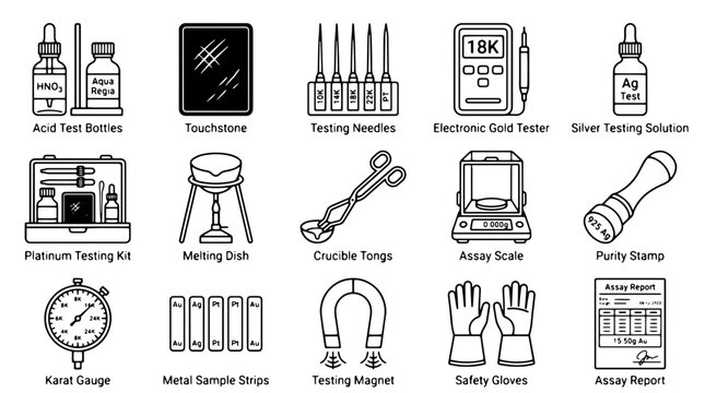 Gold and silver testing equipment icons, 15 professional jewelry assay tools, precious metal purity verification kit vector