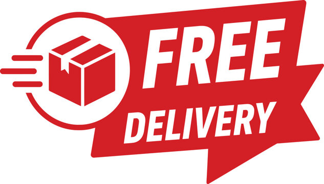 Red free delivery box icon with speed lines for shipping and online shopping concepts.