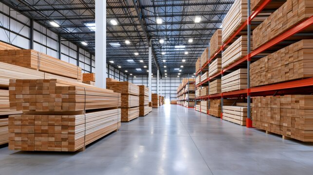 Lumber warehouse storing wood planks for construction industry